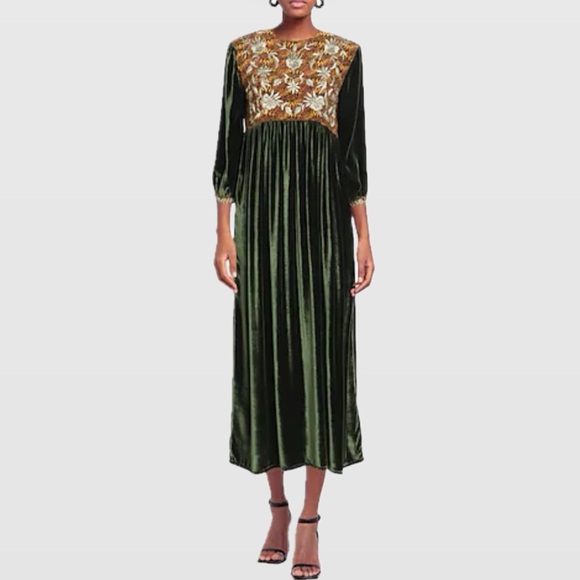 Muzungu Sisters Green Velvet Touba Dress With Gold Metallic Embroidery - Picture 1 of 4